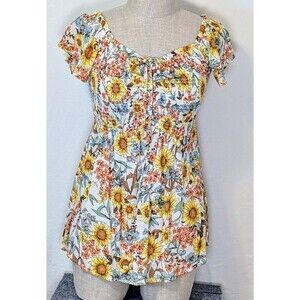Maurices Womens Medium Floral Smocked Peplum Top Sunflower Boho Rayon NWT